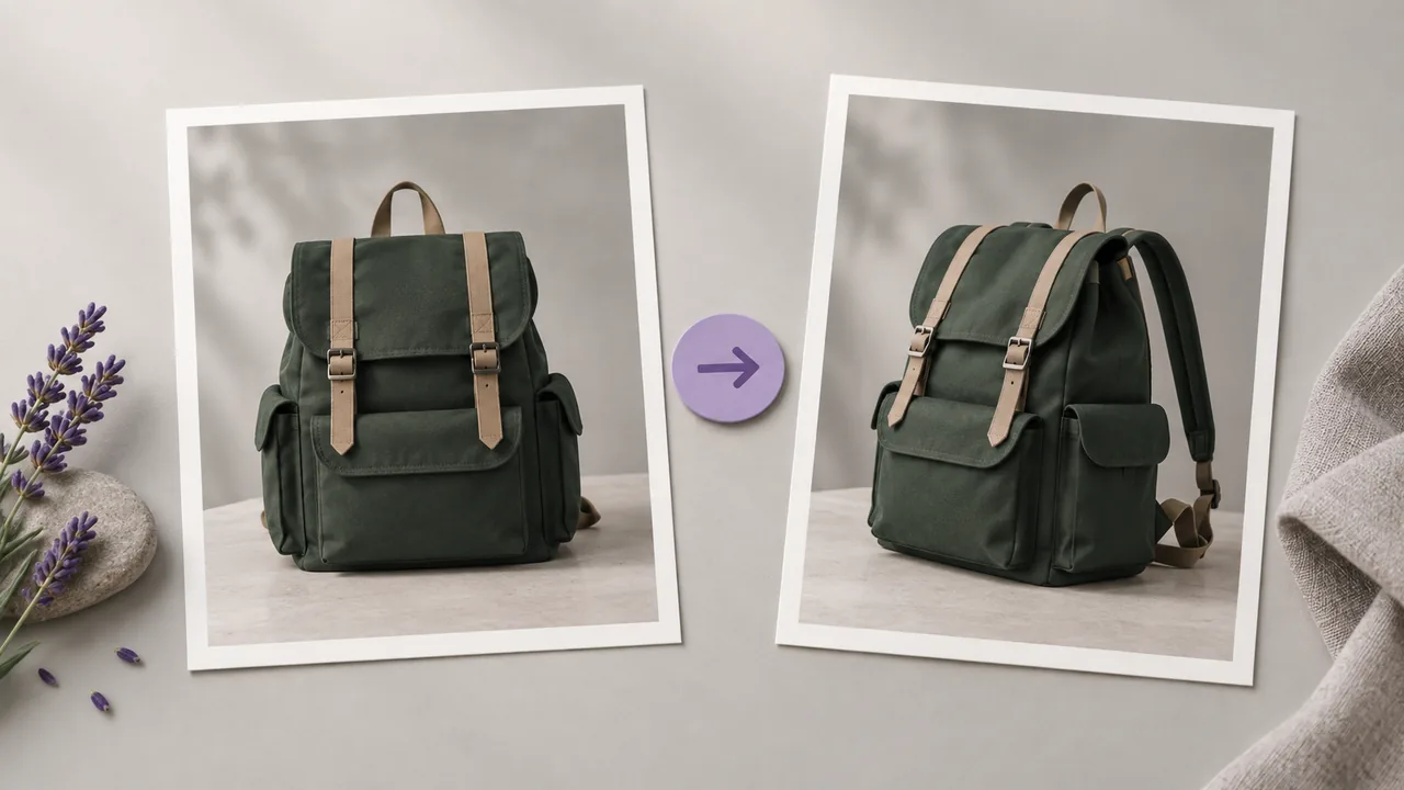 Concept illustration: Two alternate framings of an unbranded forest-green canvas backpack with tan straps as prints side by side, a small lavender selection token between them