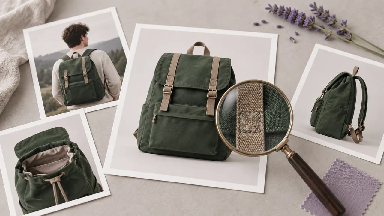 Concept illustration: chosen print of an unbranded forest-green canvas backpack with tan straps with a magnifying glass over a small detail, review and selection concept