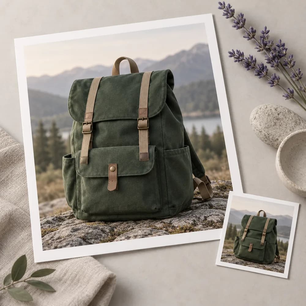 Concept illustration: prominent white-bordered print depicting an unbranded forest-green canvas backpack with tan straps, a tiny matching source print tucked in one corner, square composition, concrete task example