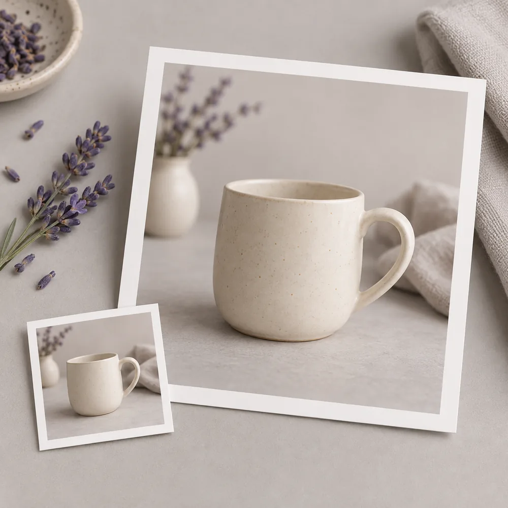 Concept illustration: prominent white-bordered print depicting a cream ceramic mug with curved handle, a tiny matching source print tucked in one corner, square composition, concrete task example