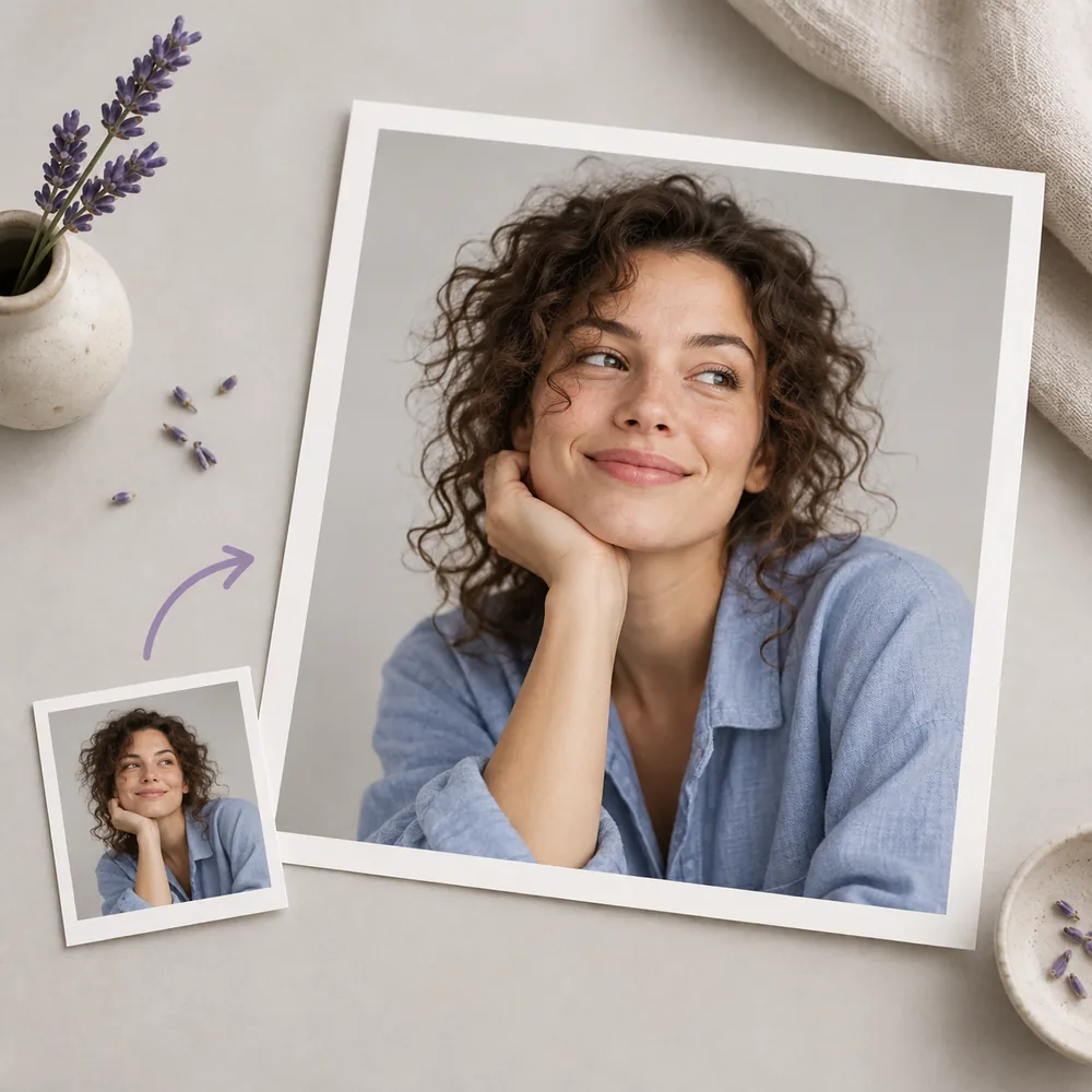 Concept illustration: prominent white-bordered print depicting a fictional woman with curly hair and a blue shirt, a tiny matching source print tucked in one corner, square composition, concrete task example