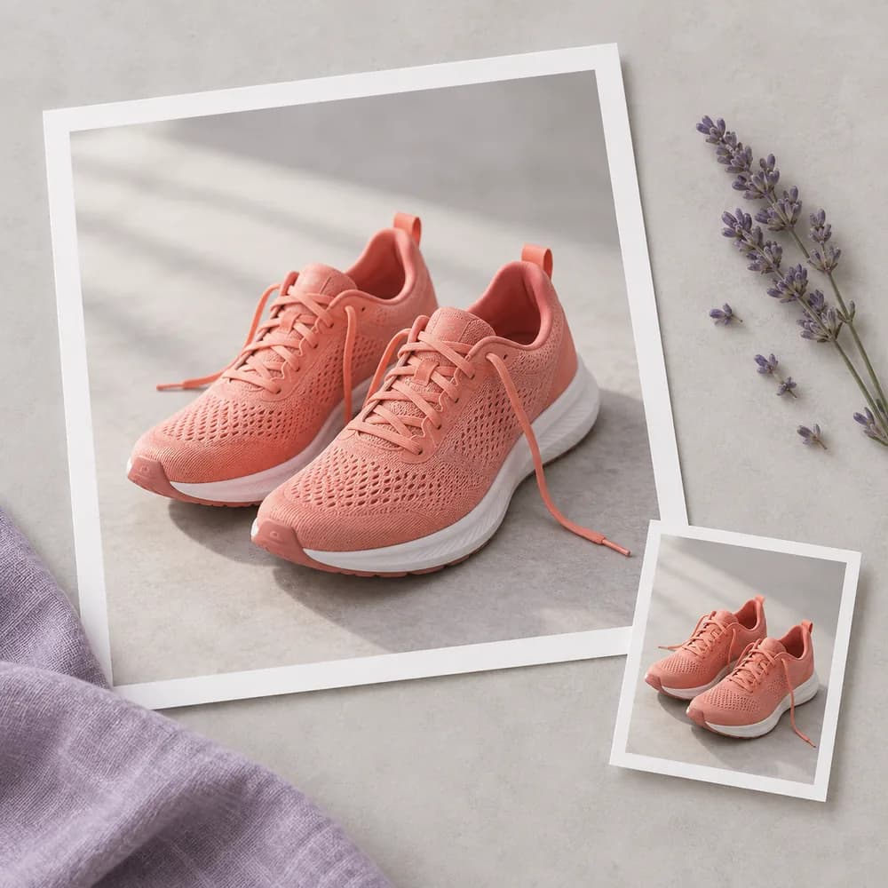 Concept illustration: prominent white-bordered print depicting a pair of coral running shoes, a tiny matching source print tucked in one corner, square composition, concrete task example