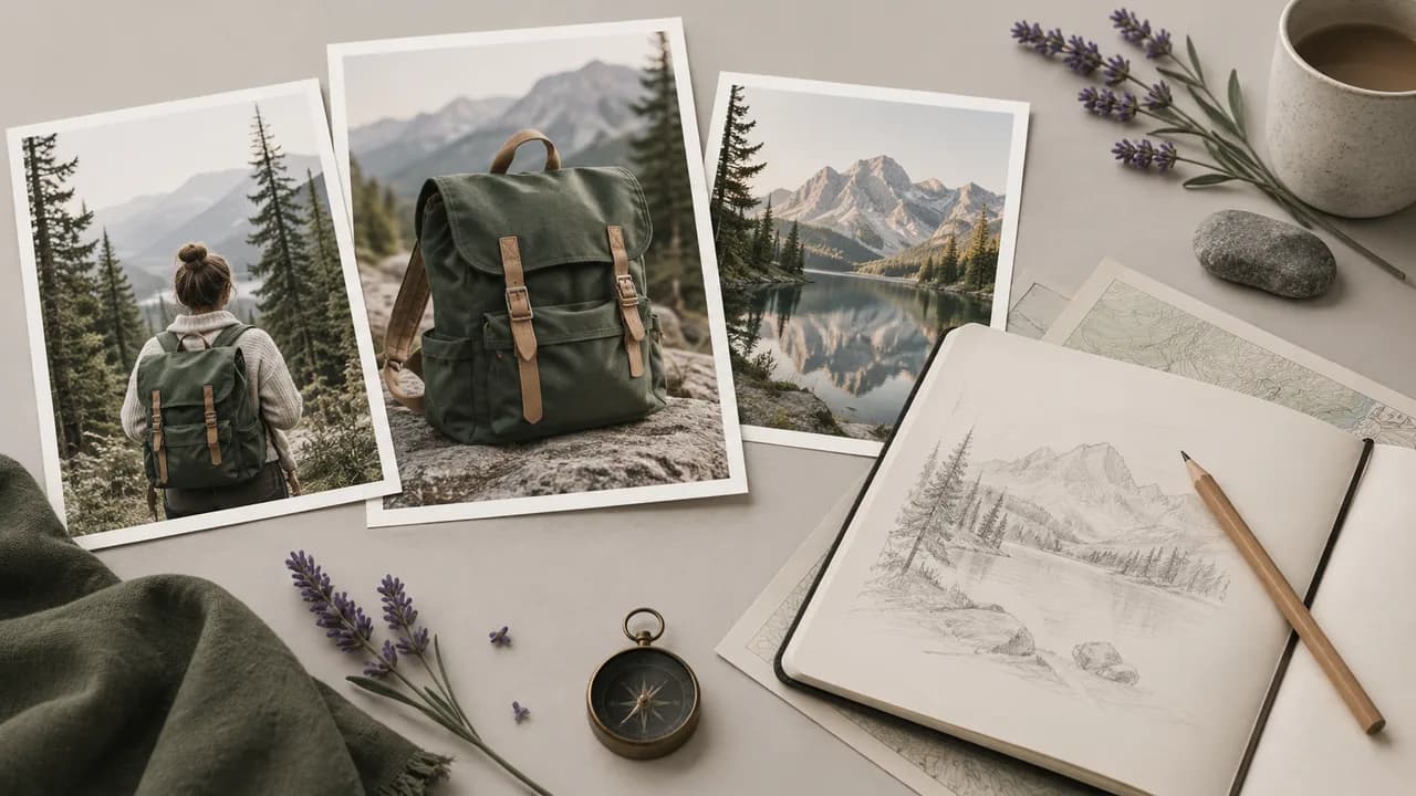 Concept illustration: An editorial still life for use case 1: prints depicting an unbranded forest-green canvas backpack with tan straps, paired with a plain pencil and unmarked sketchbook