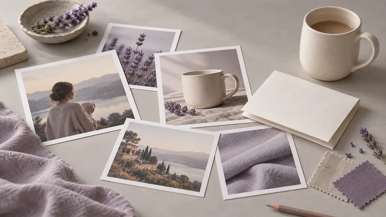 Concept illustration: An editorial still life for use case 2: prints depicting a cream ceramic mug with curved handle, paired with a folded blank brief and soft fabric swatch