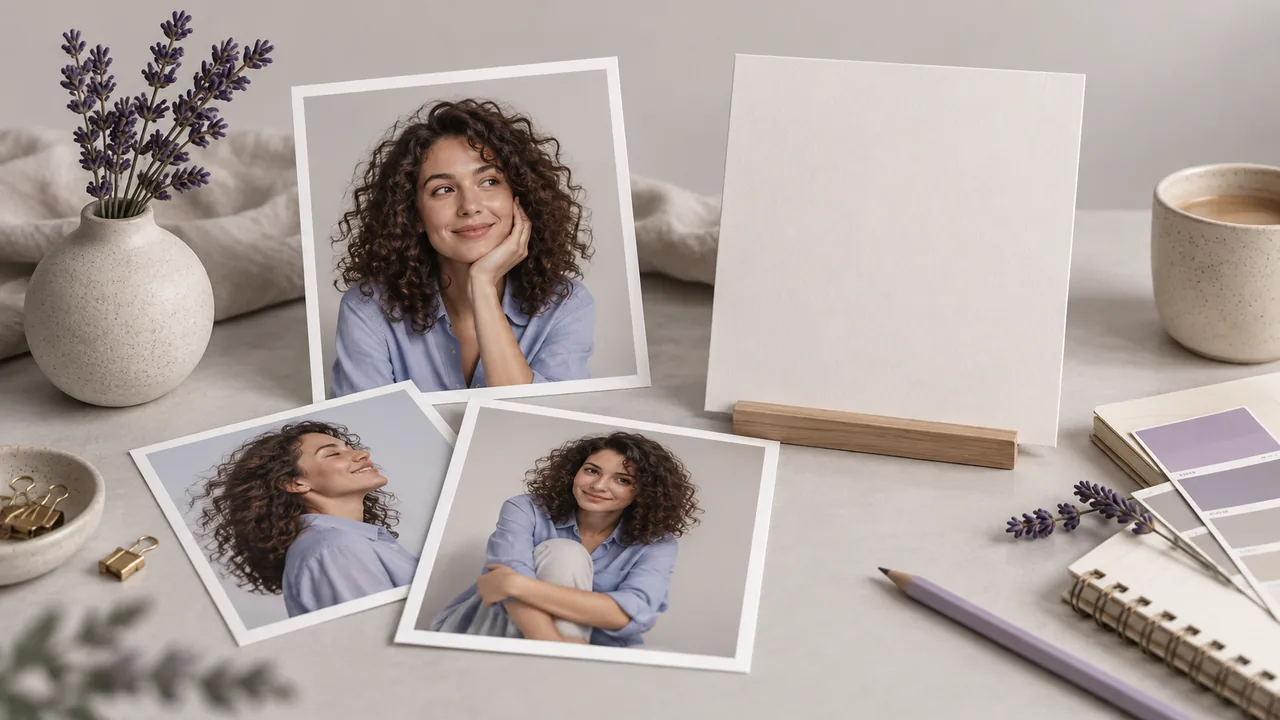 Concept illustration: An editorial still life for use case 3: prints depicting a fictional woman with curly hair and a blue shirt, paired with an empty small presentation board
