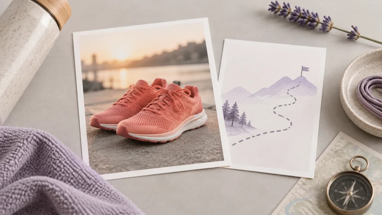 Concept illustration: An editorial still life for use case 4: prints depicting a pair of coral running shoes, paired with a simple unmarked story card