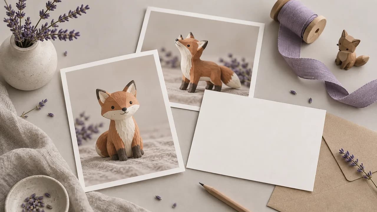 Concept illustration: An editorial still life for use case 5: prints depicting a hand-painted toy fox, paired with a blank invitation card