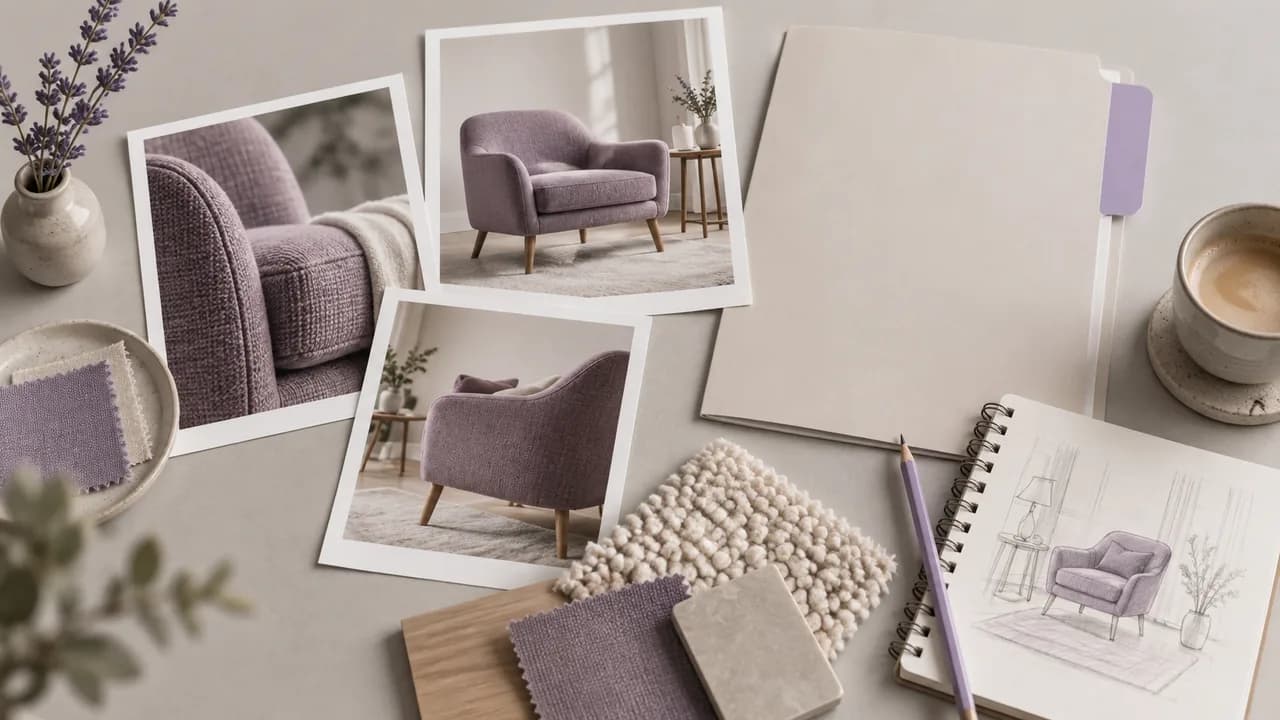 Concept illustration: An editorial still life for use case 6: prints depicting a violet upholstered chair, paired with a plain folder with lavender tab