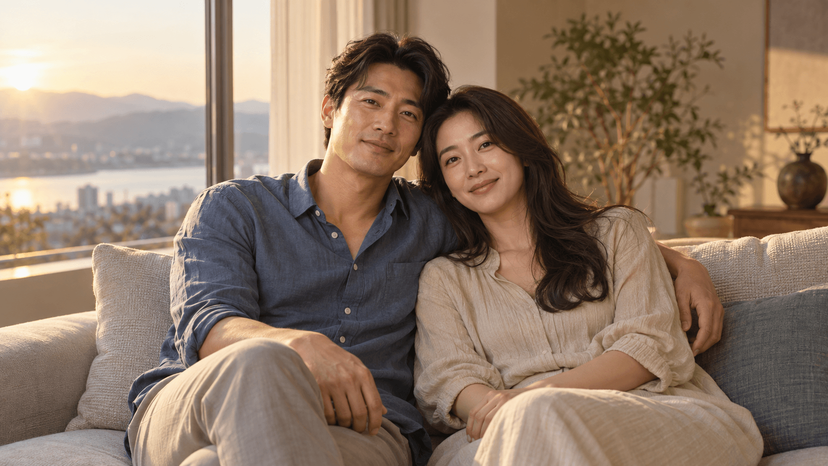 Adult couple lit by warm window light in a quiet interior