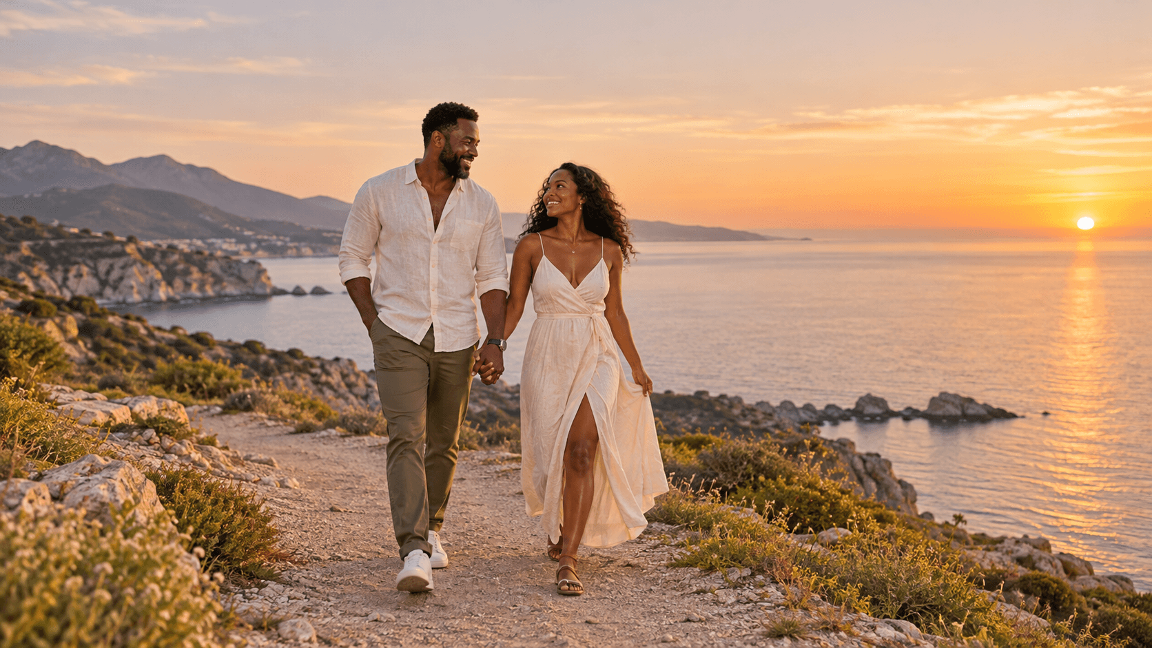 Adult couple walking together along a coastal path at sunset
