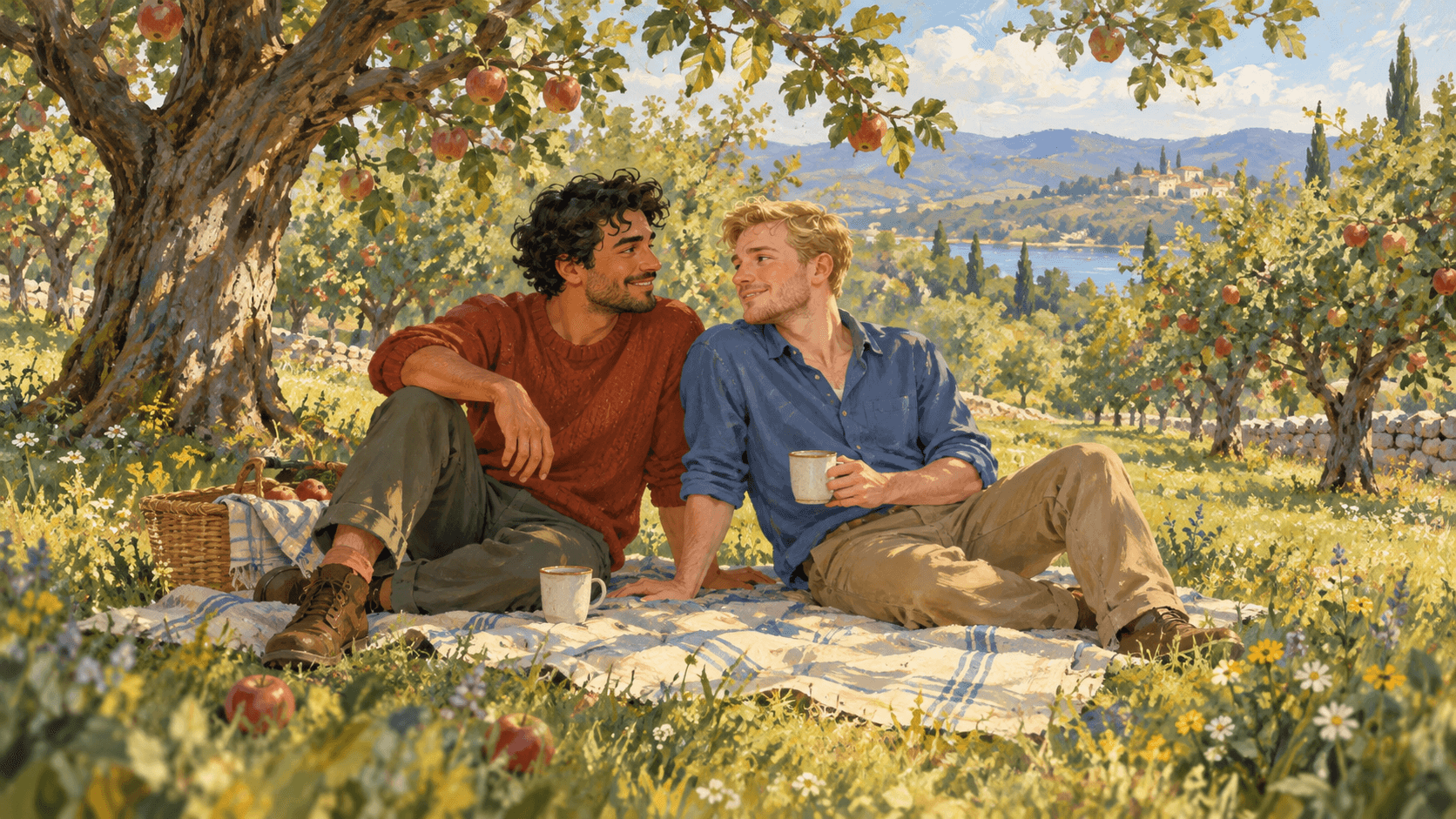 Adult couple in a colorful storybook picnic illustration