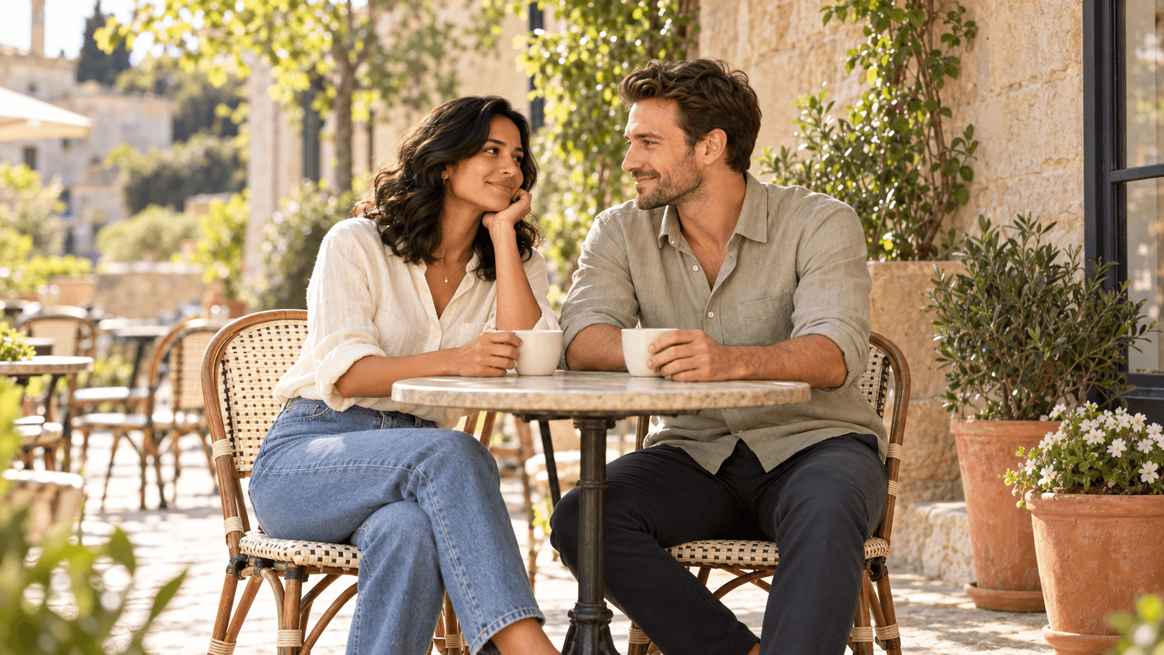 Reference couple reimagined together at a sunny outdoor cafe