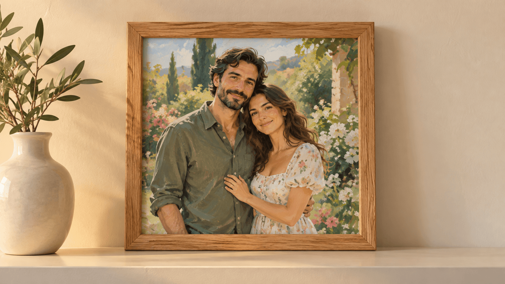 Framed illustrated couple portrait displayed as a personal keepsake