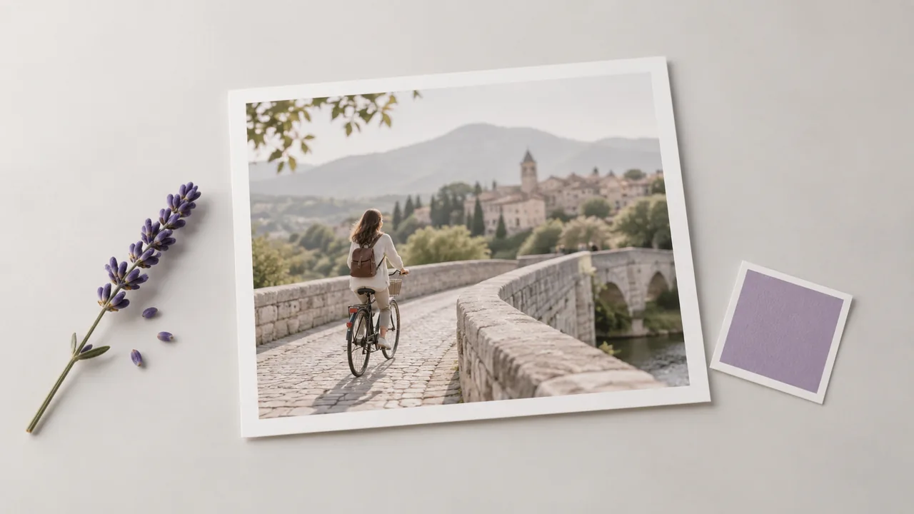 Concept illustration: isolated print depicting a cyclist crossing a pale stone bridge