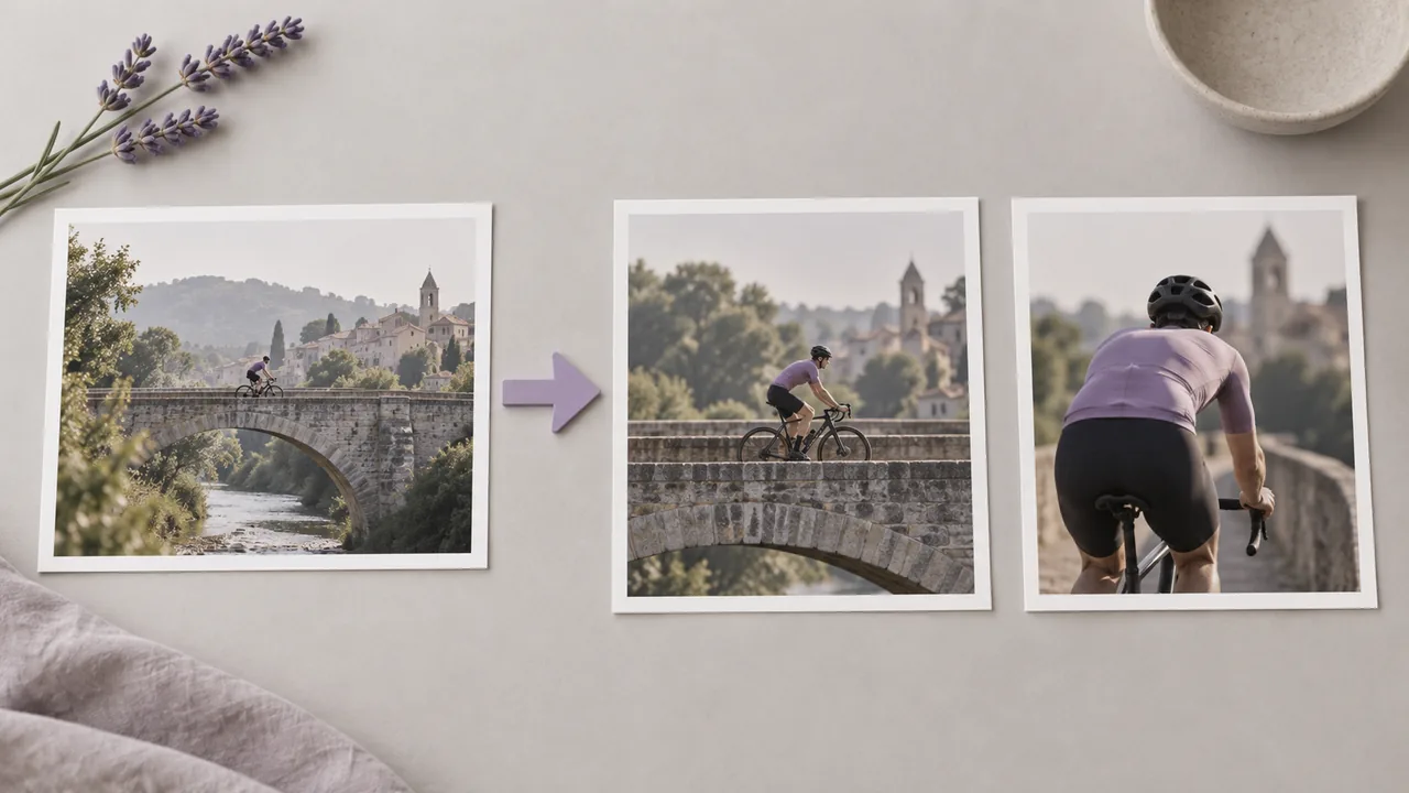 Concept illustration: A neatly arranged connected group of three prints depicting a cyclist crossing a pale stone bridge from different useful framings