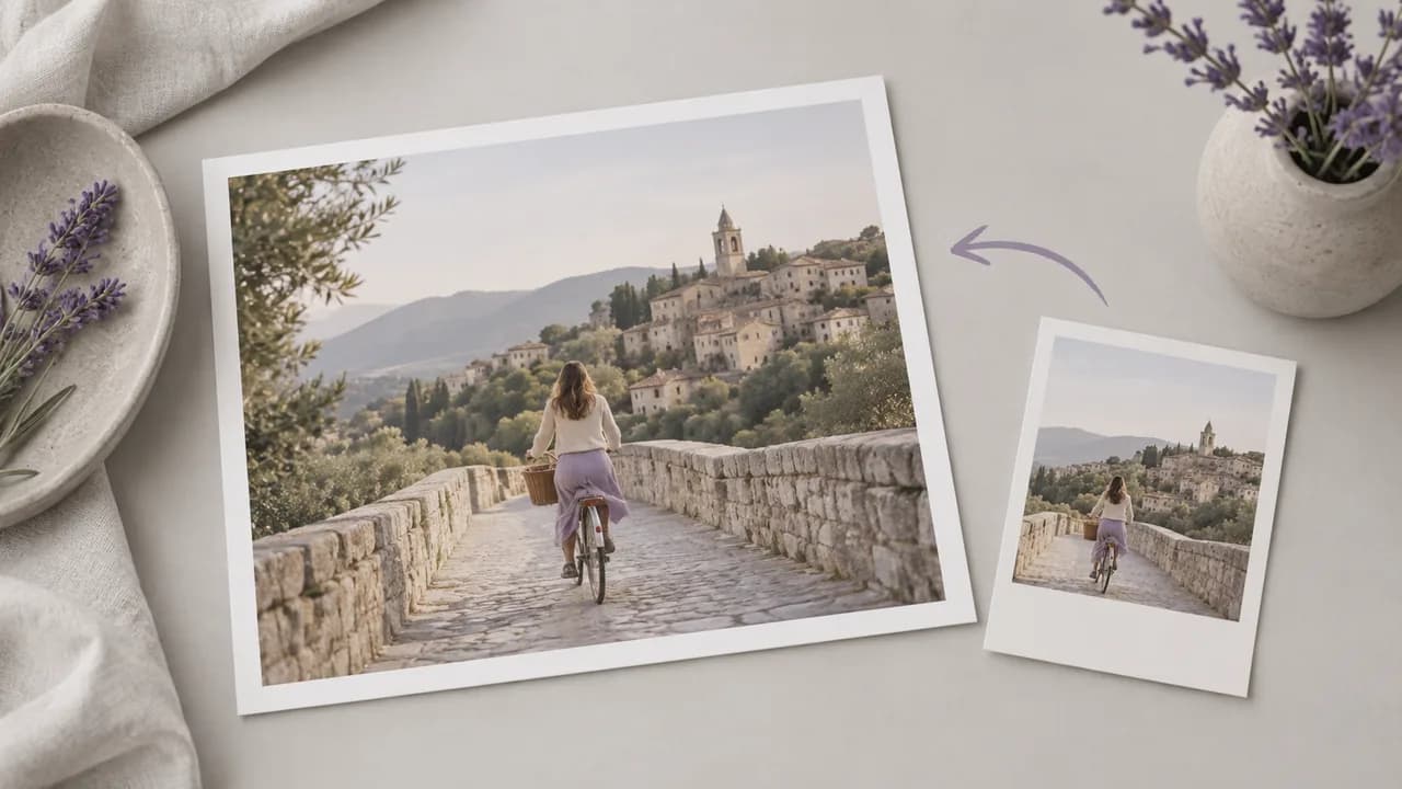 Concept illustration: source print of a cyclist crossing a pale stone bridge, with a small matching reference card beside it