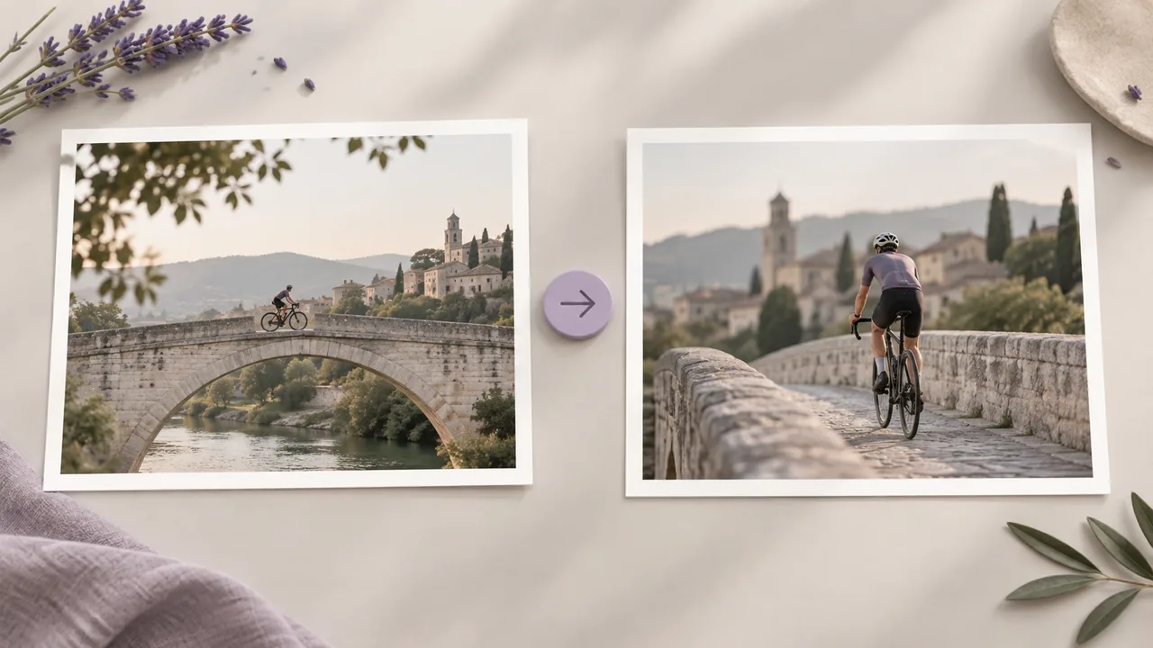 Concept illustration: Two alternate framings of a cyclist crossing a pale stone bridge as prints side by side, a small lavender selection token between them