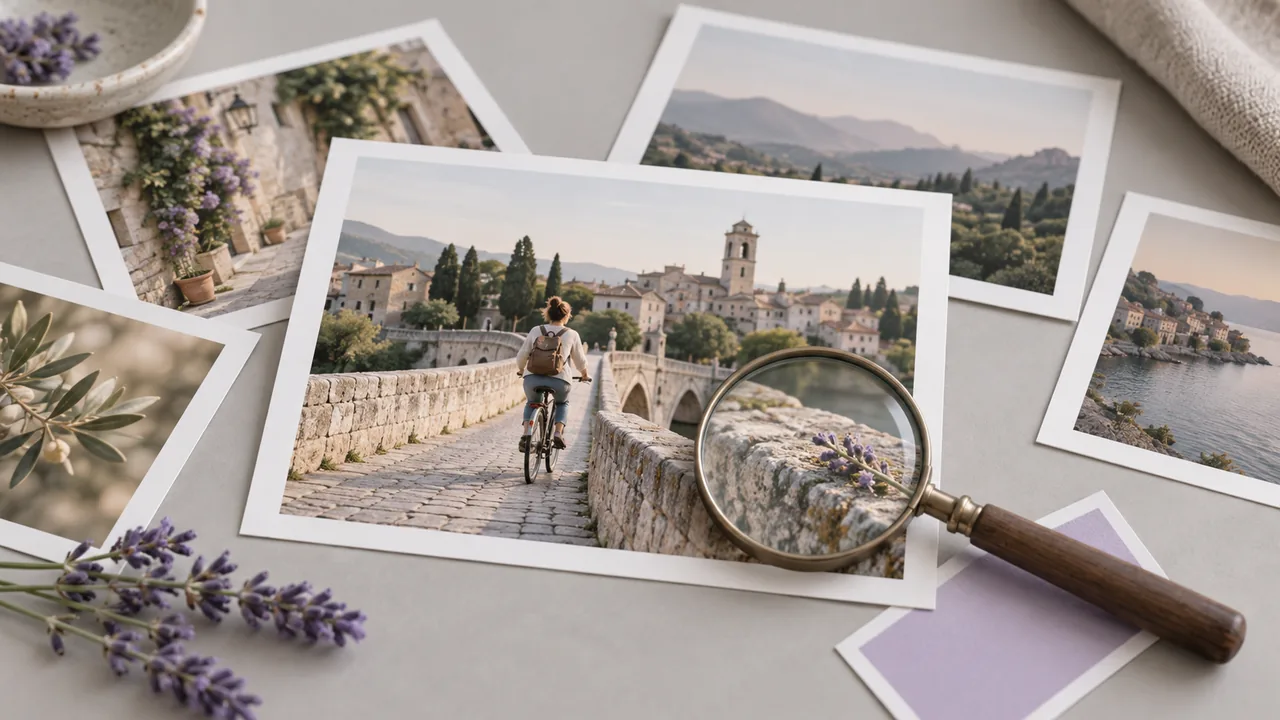 Concept illustration: chosen print of a cyclist crossing a pale stone bridge with a magnifying glass over a small detail, review and selection concept