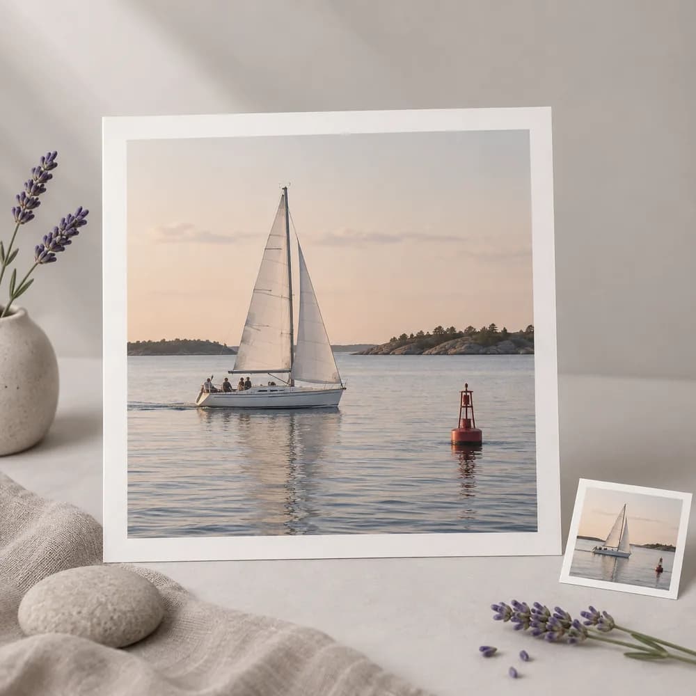 Concept illustration: prominent white-bordered print depicting a sailboat passing a red buoy, a tiny matching source print tucked in one corner, square composition, concrete task example