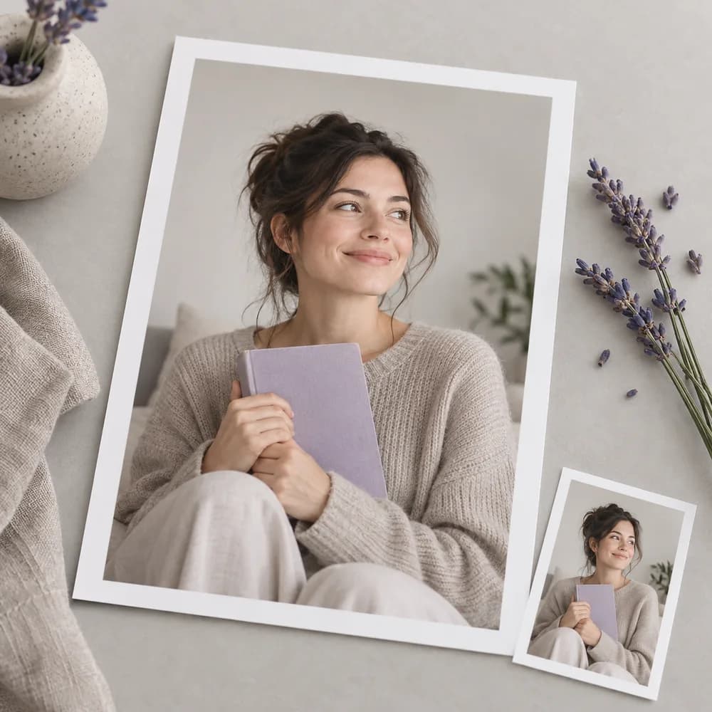 Concept illustration: prominent white-bordered print depicting a fictional presenter holding a book, a tiny matching source print tucked in one corner, square composition, concrete task example