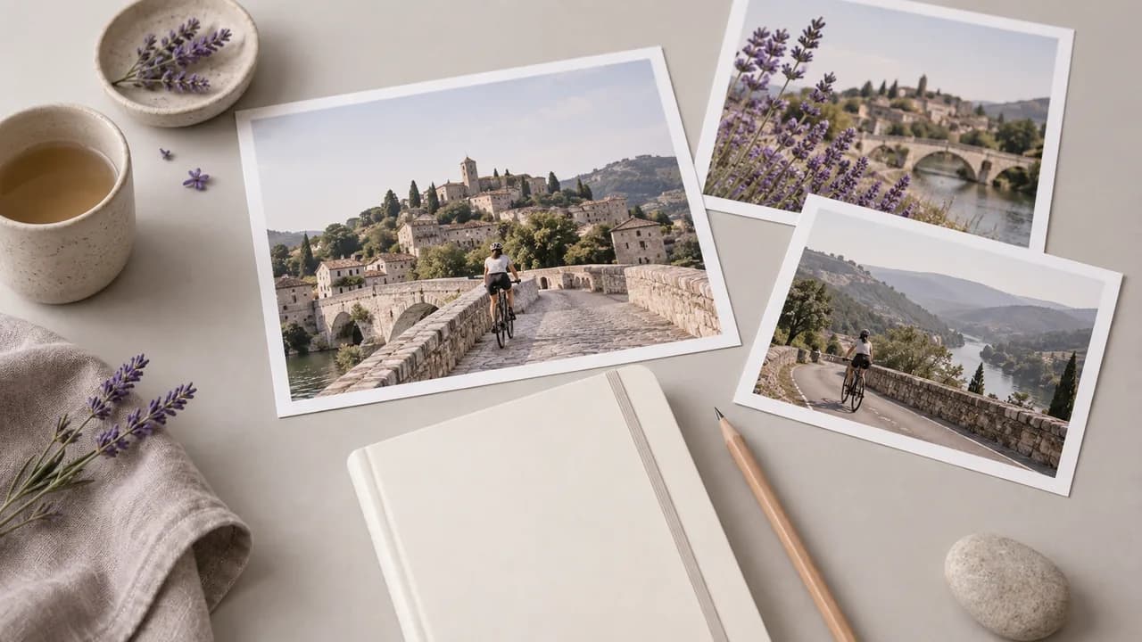Concept illustration: An editorial still life for use case 1: prints depicting a cyclist crossing a pale stone bridge, paired with a plain pencil and unmarked sketchbook