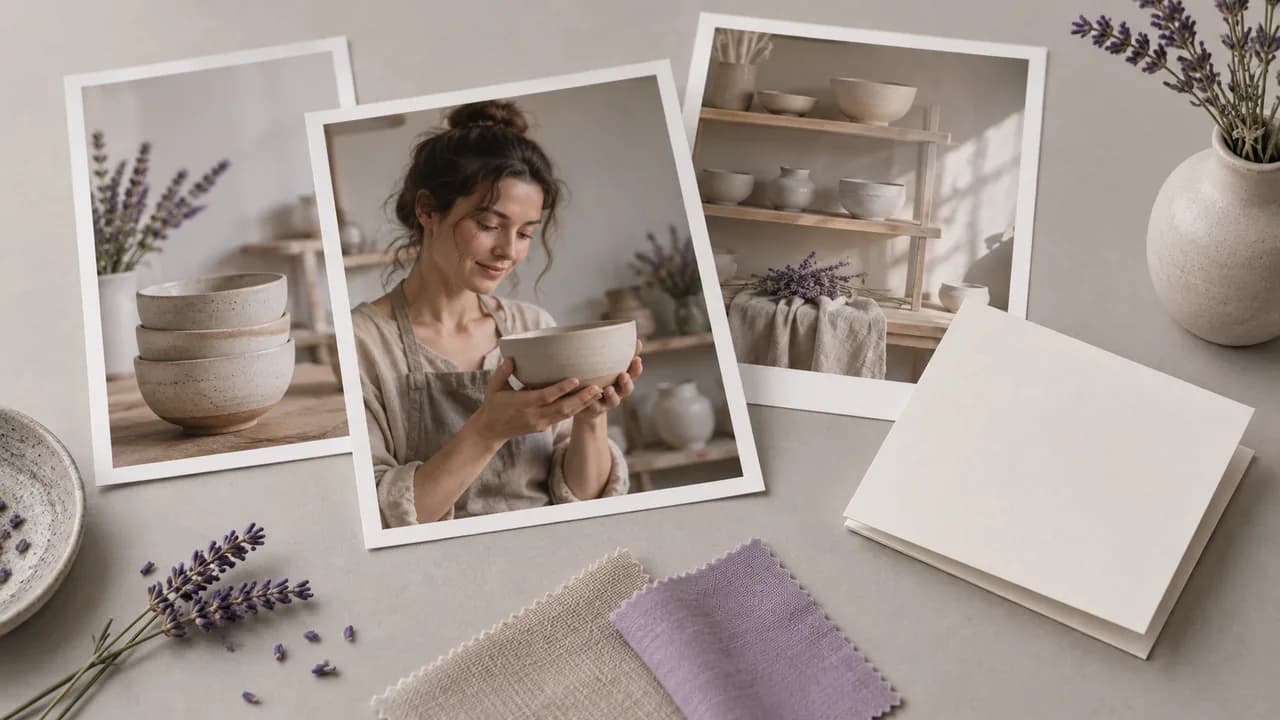 Concept illustration: An editorial still life for use case 2: prints depicting a potter lifting a ceramic bowl, paired with a folded blank brief and soft fabric swatch