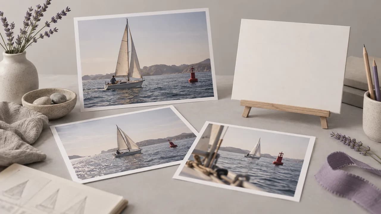 Concept illustration: An editorial still life for use case 3: prints depicting a sailboat passing a red buoy, paired with an empty small presentation board