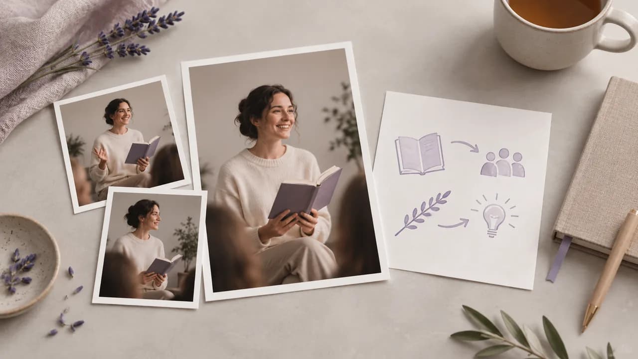 Concept illustration: An editorial still life for use case 4: prints depicting a fictional presenter holding a book, paired with a simple unmarked story card