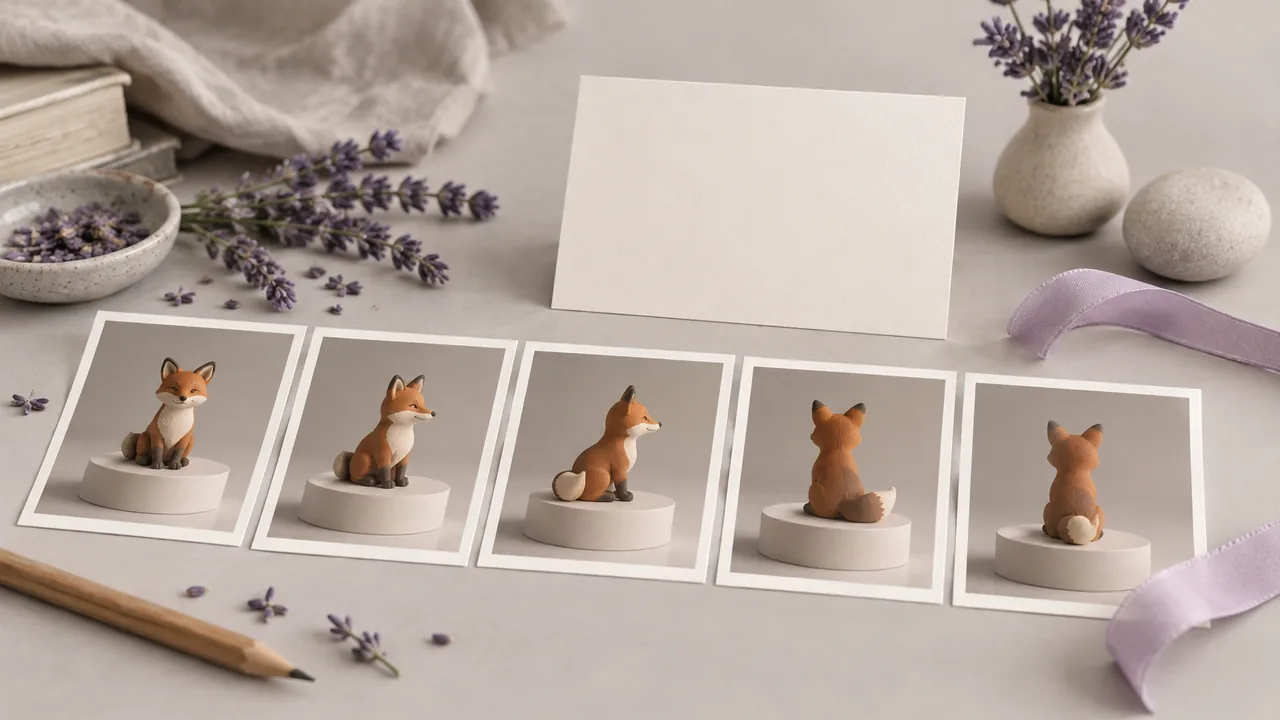 Concept illustration: An editorial still life for use case 5: prints depicting a fox-shaped clay toy turning on a plinth, paired with a blank invitation card