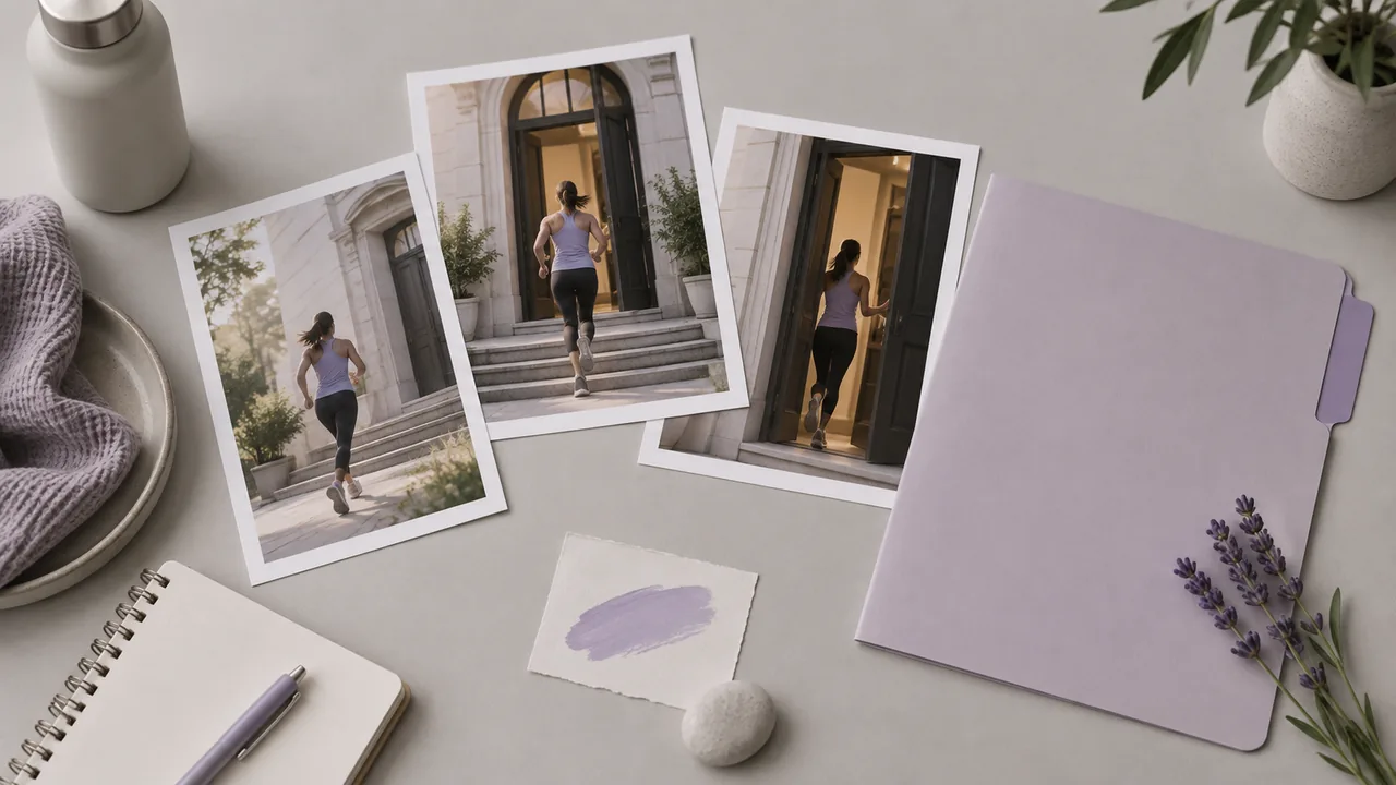 Concept illustration: An editorial still life for use case 6: prints depicting a runner arriving at a doorway, paired with a plain folder with lavender tab