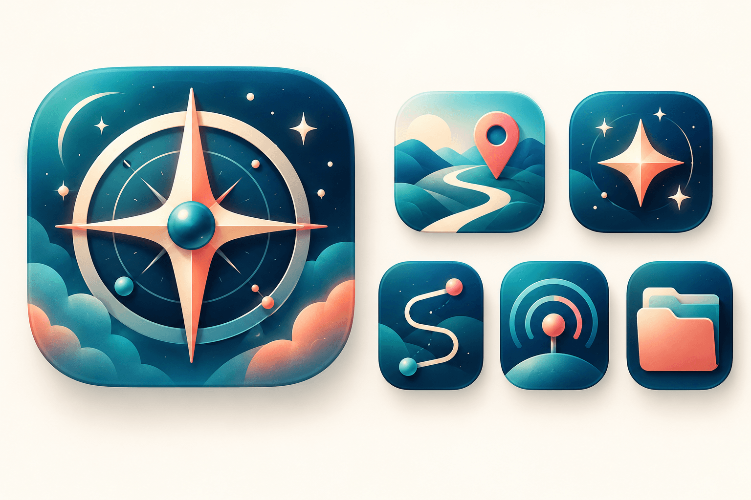 Illustrative design board showing six original app icon concepts in a cohesive palette.