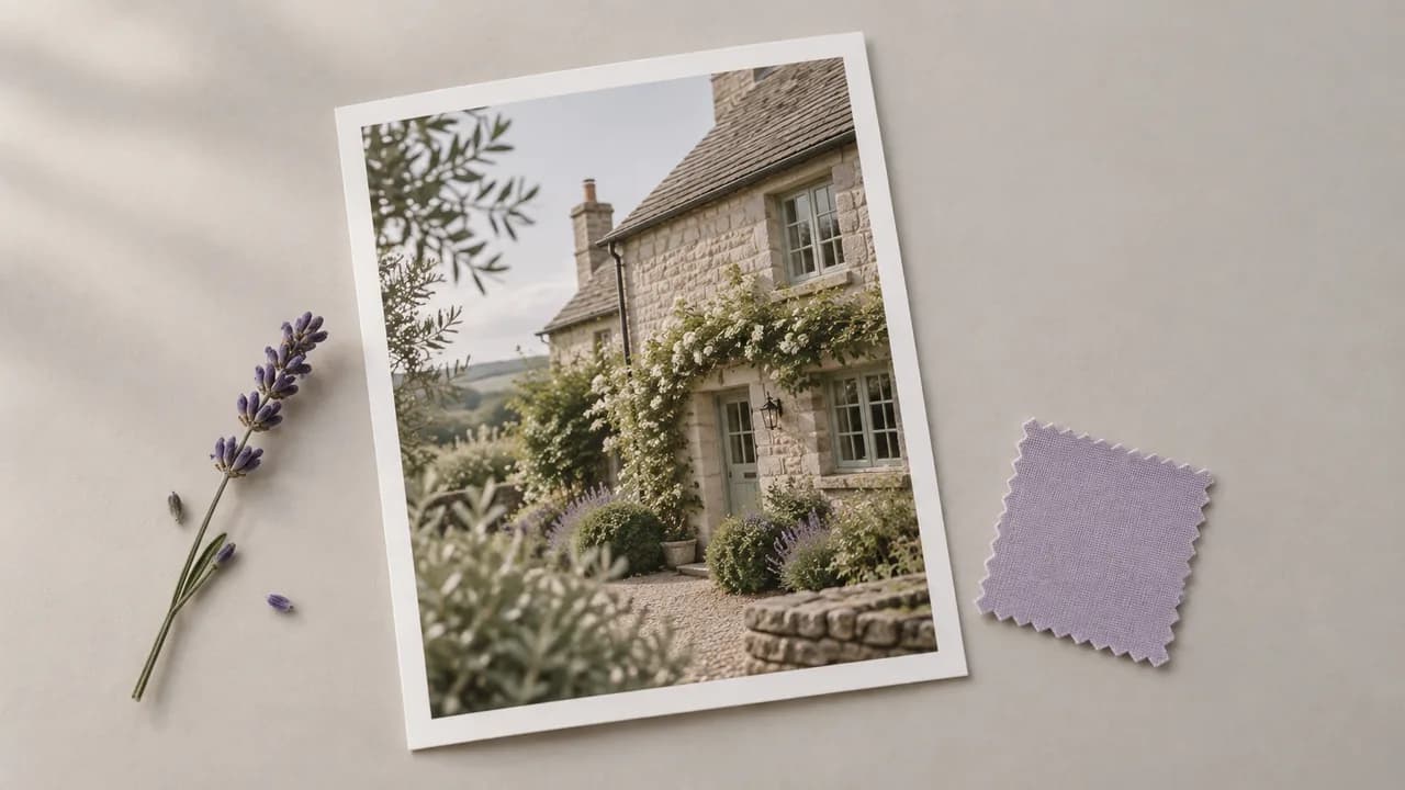 Concept illustration: isolated print depicting a stone cottage with timber windows and fine garden leaves