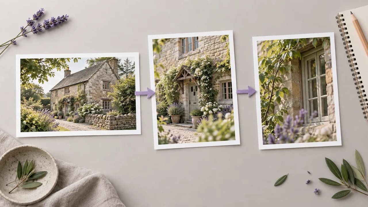 Concept illustration: A neatly arranged connected group of three prints depicting a stone cottage with timber windows and fine garden leaves from different useful framings
