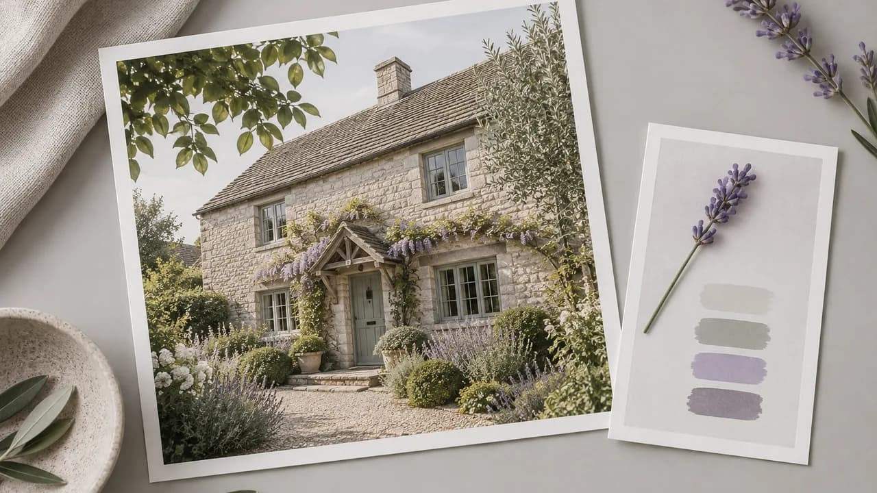 Concept illustration: source print of a stone cottage with timber windows and fine garden leaves, with a small matching reference card beside it