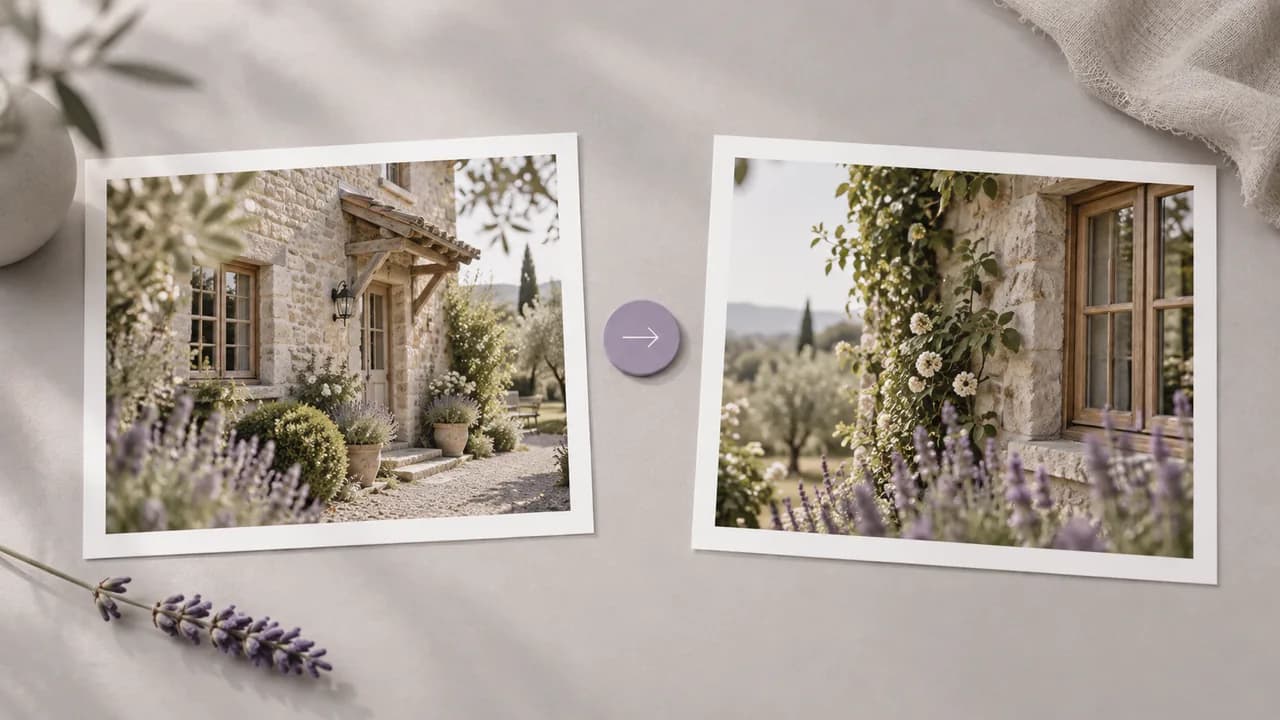 Concept illustration: Two alternate framings of a stone cottage with timber windows and fine garden leaves as prints side by side, a small lavender selection token between them