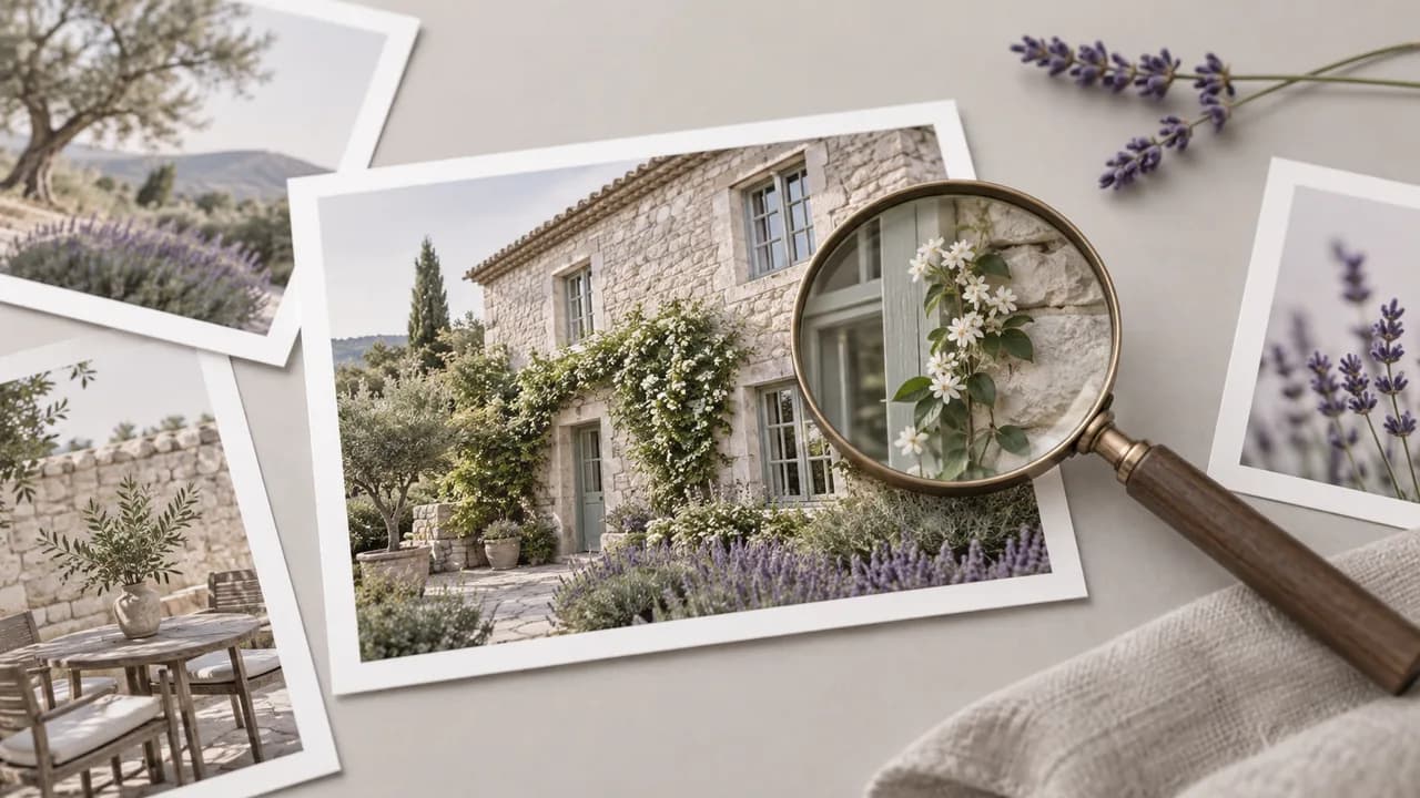 Concept illustration: chosen print of a stone cottage with timber windows and fine garden leaves with a magnifying glass over a small detail, review and selection concept