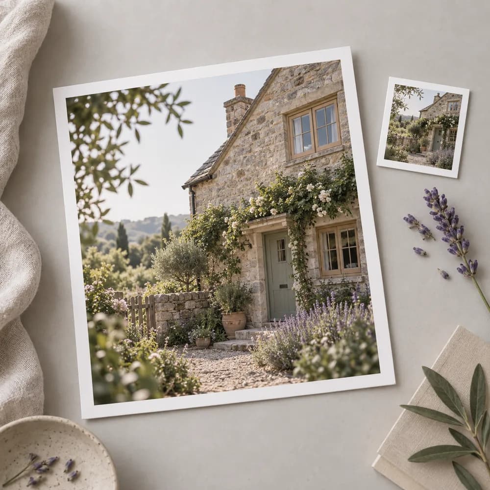 Concept illustration: prominent white-bordered print depicting a stone cottage with timber windows and fine garden leaves, a tiny matching source print tucked in one corner, square composition, concrete task example