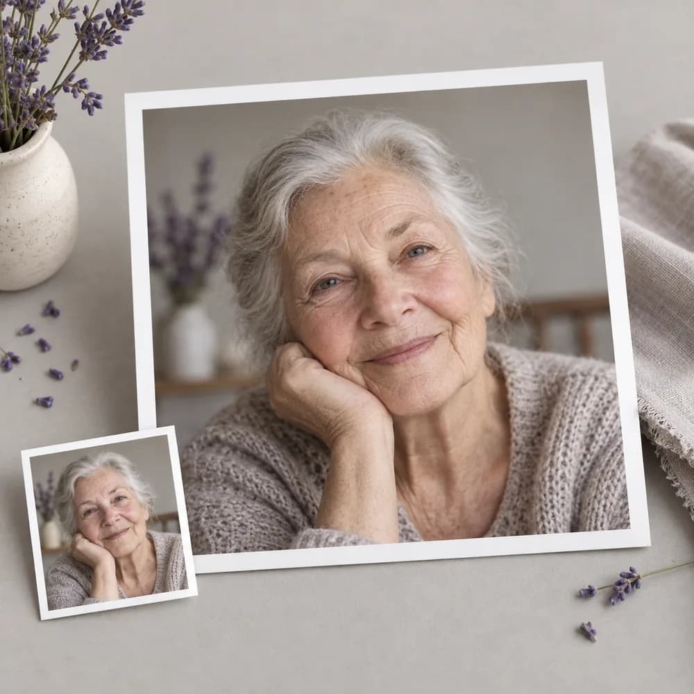 Concept illustration: prominent white-bordered print depicting a fictional elderly portrait with natural skin texture, a tiny matching source print tucked in one corner, square composition, concrete task example
