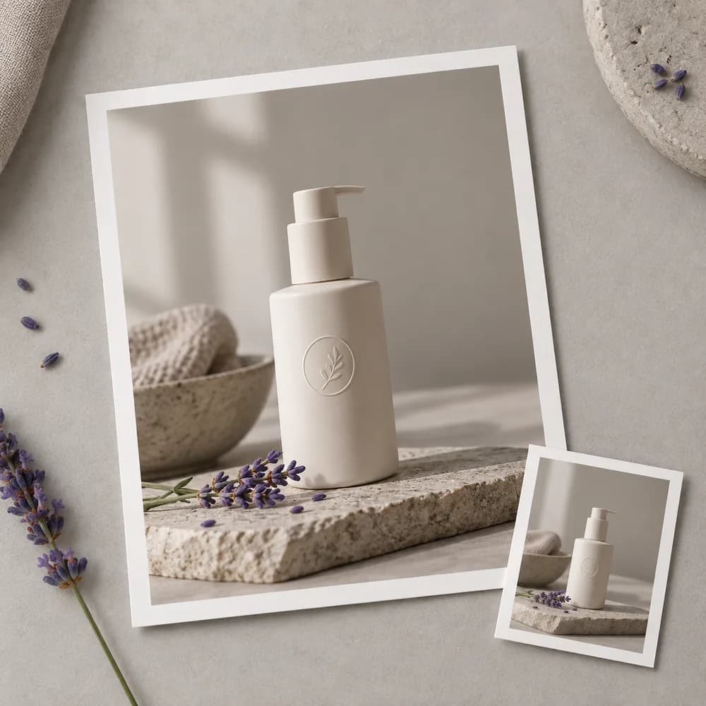 Concept illustration: prominent white-bordered print depicting an unbranded cream bottle with an embossed circular mark, a tiny matching source print tucked in one corner, square composition, concrete task example