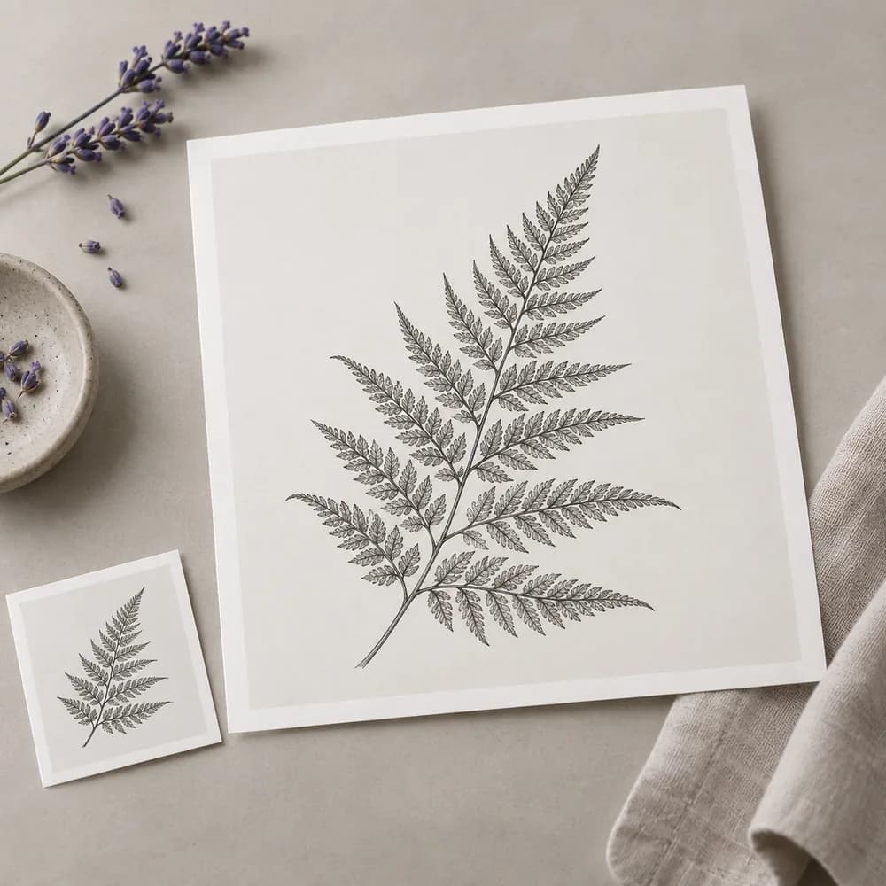 Concept illustration: prominent white-bordered print depicting a delicate pen illustration of a fern, a tiny matching source print tucked in one corner, square composition, concrete task example