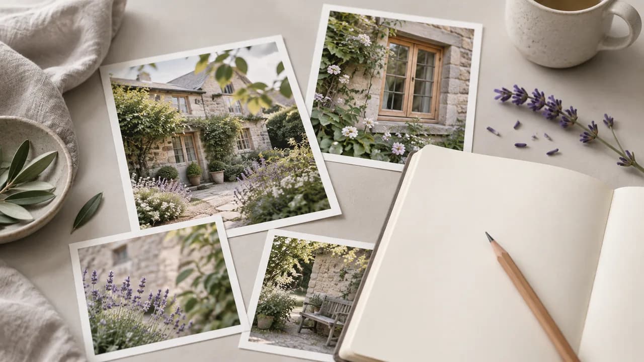 Concept illustration: An editorial still life for use case 1: prints depicting a stone cottage with timber windows and fine garden leaves, paired with a plain pencil and unmarked sketchbook