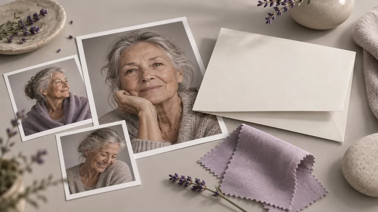 Concept illustration: An editorial still life for use case 2: prints depicting a fictional elderly portrait with natural skin texture, paired with a folded blank brief and soft fabric swatch