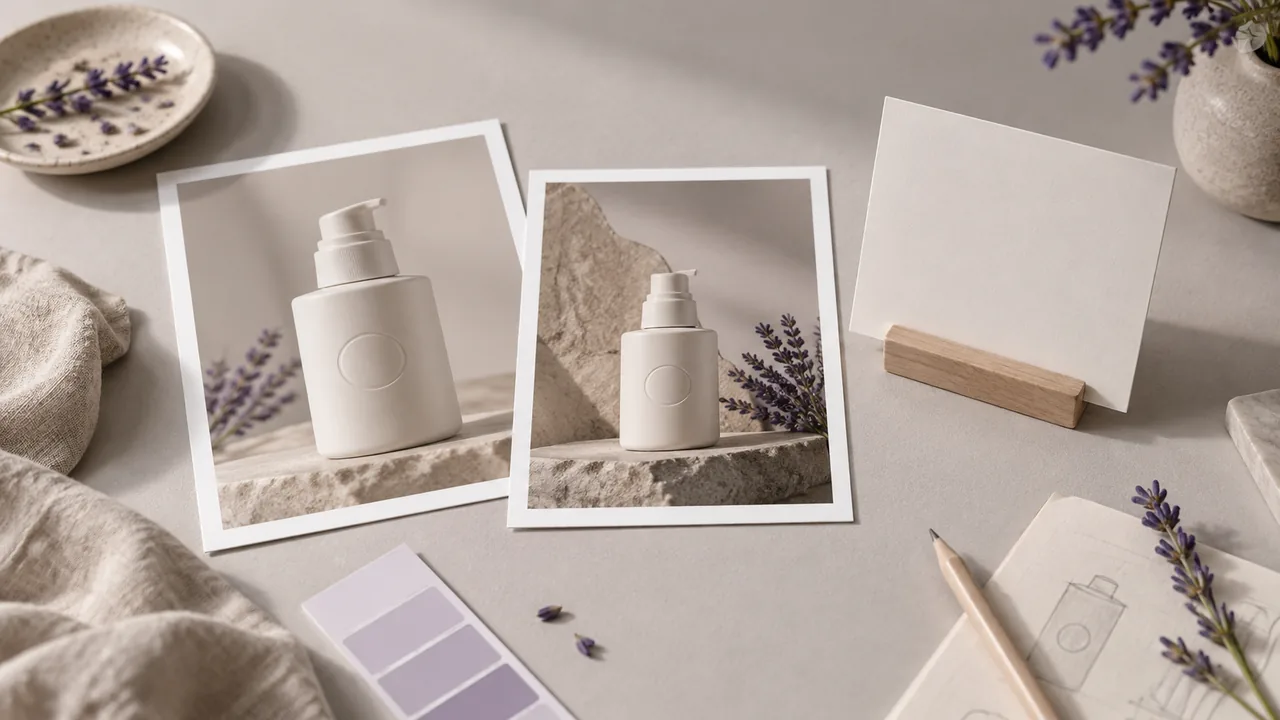 Concept illustration: An editorial still life for use case 3: prints depicting an unbranded cream bottle with an embossed circular mark, paired with an empty small presentation board