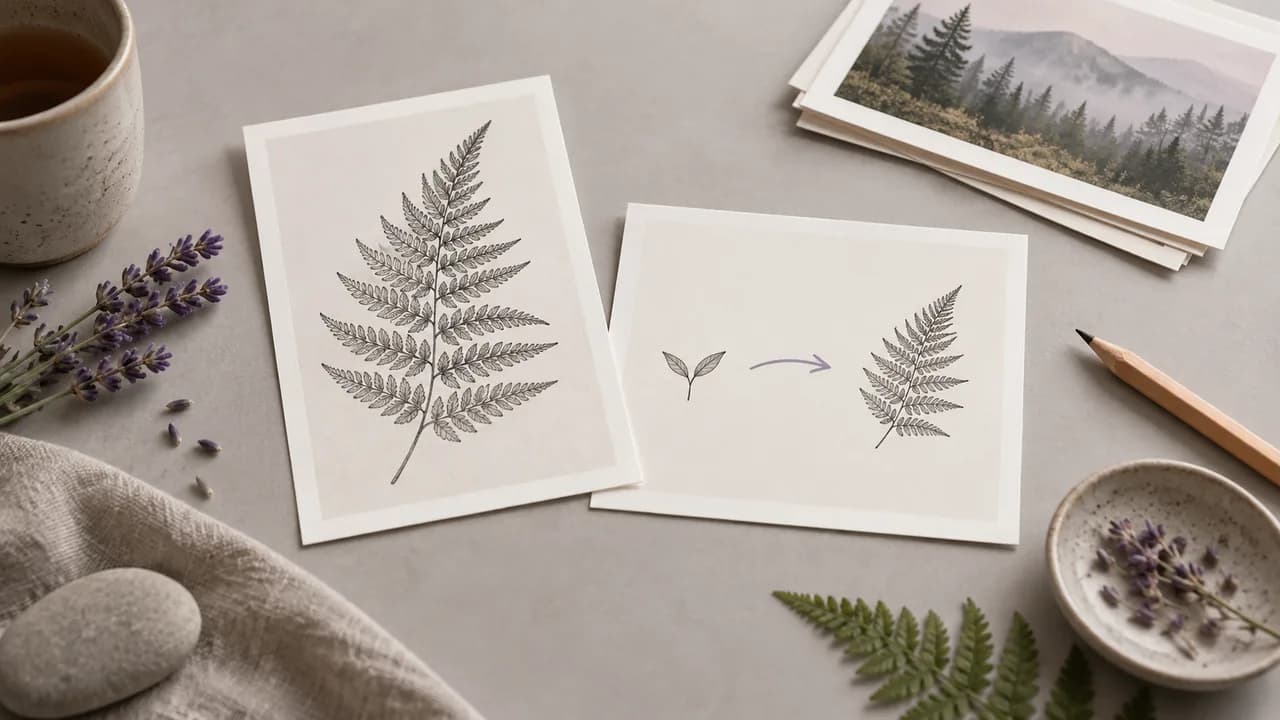 Concept illustration: An editorial still life for use case 4: prints depicting a delicate pen illustration of a fern, paired with a simple unmarked story card