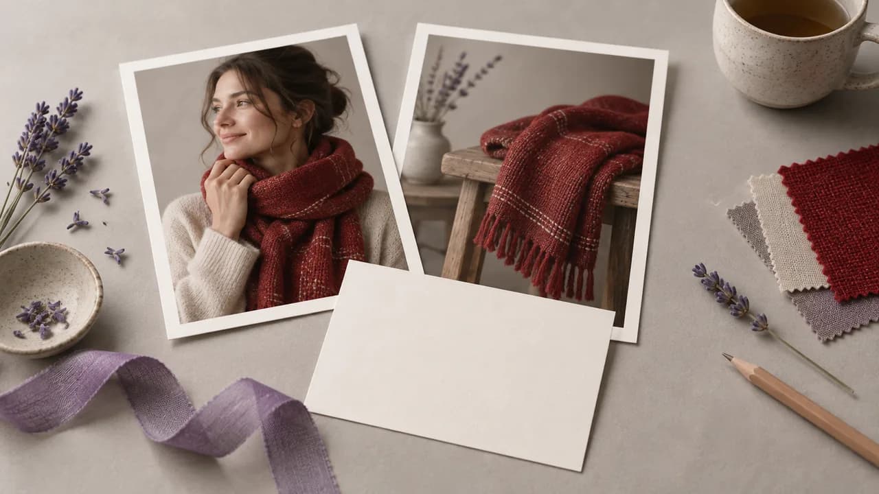 Concept illustration: An editorial still life for use case 5: prints depicting a woven red scarf with visible stitching, paired with a blank invitation card