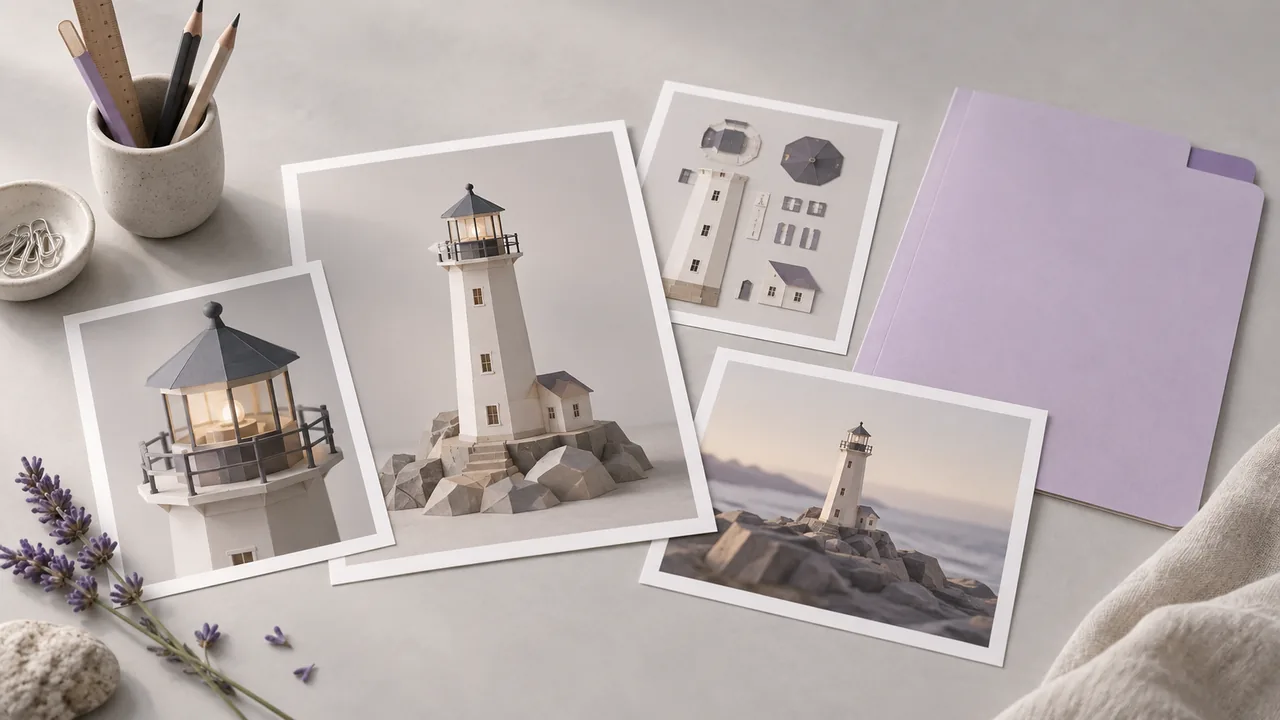 Concept illustration: An editorial still life for use case 6: prints depicting a detailed paper model of a lighthouse, paired with a plain folder with lavender tab