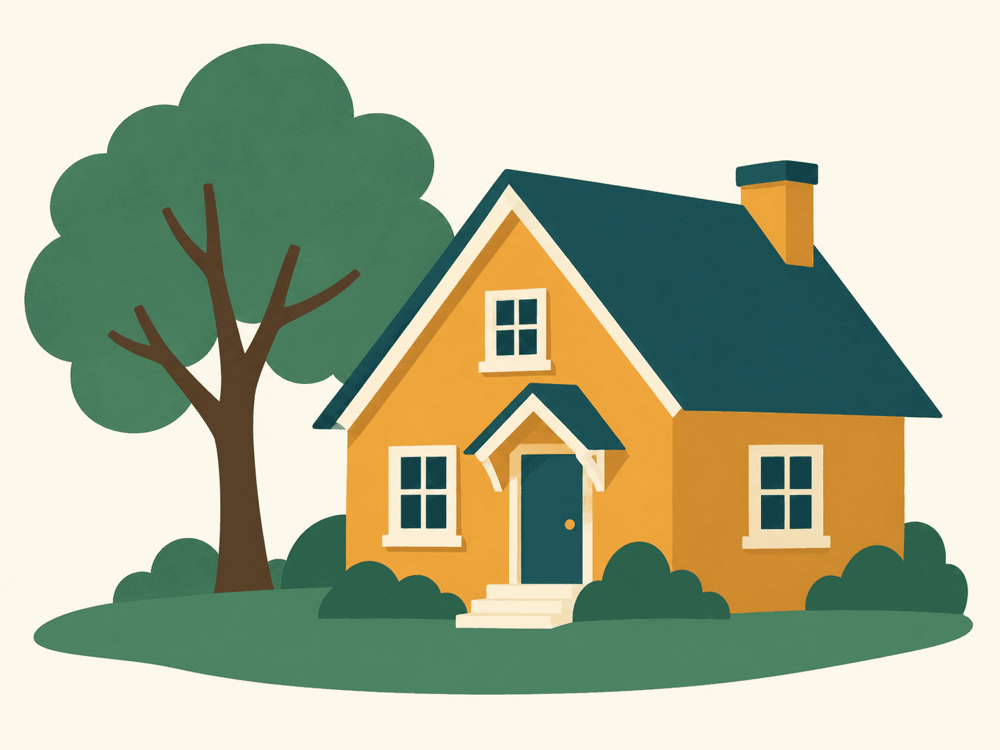 Cottage and tree in a restrained cut-paper style