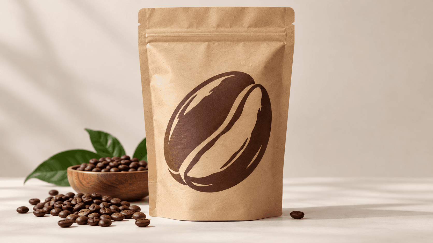 Coffee pouch mockup with simplified bean artwork