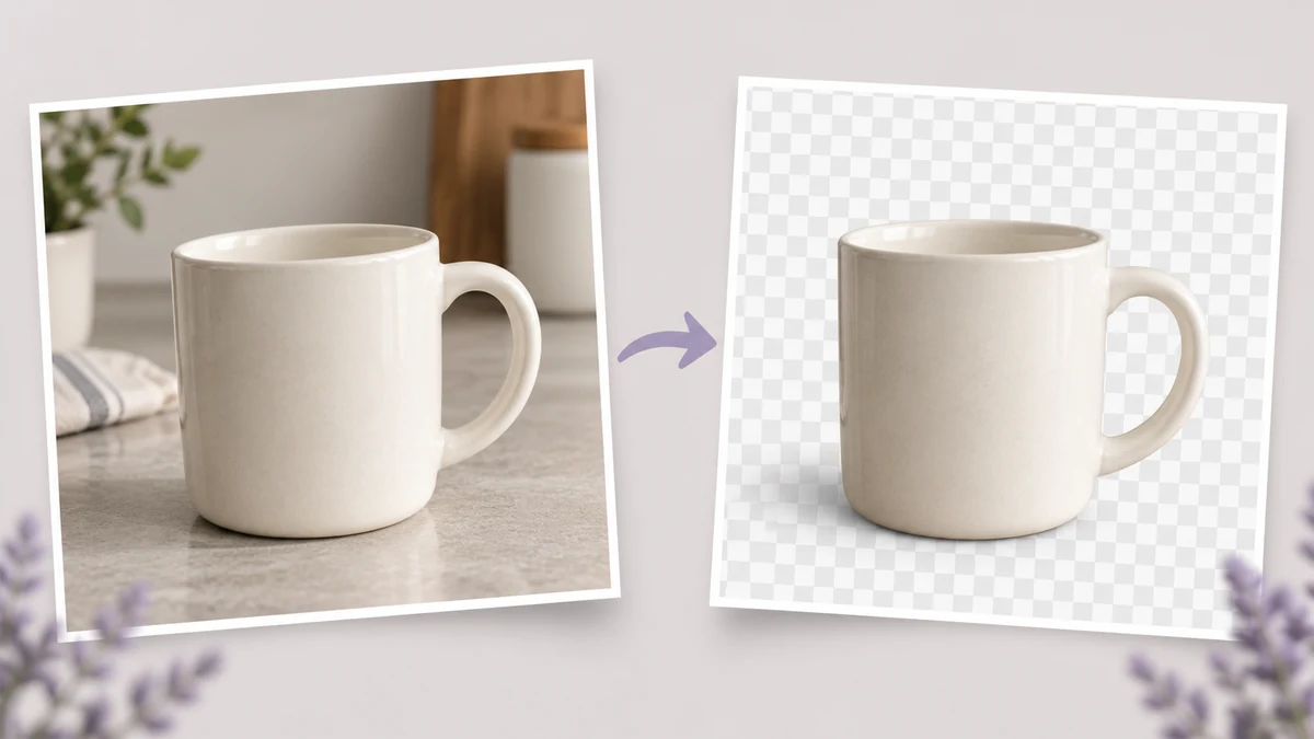 Concept illustration of a cream mug photo beside the isolated subject on a checkerboard background.