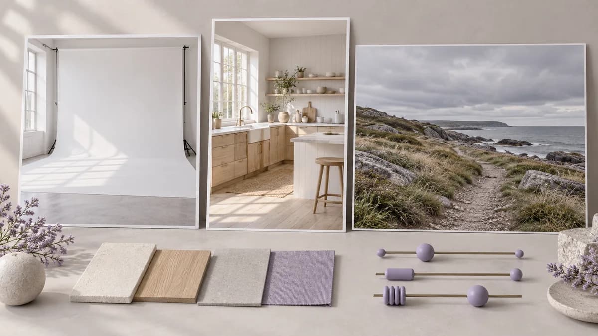 Concept illustration of studio, kitchen and coastal backgrounds with format choices and material swatches.